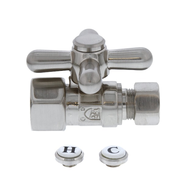Jones Stephens 1/2in FIP x 3/8in OD Comp Quarter-Turn Straight Supply Stop Valve with Cross Handle, Brushed Nickel S4302BN - main